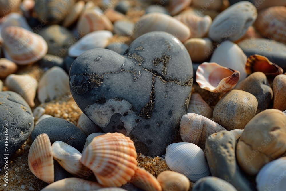 A heart shaped rock surrounded by shells and sand. Perfect for romantic and beach-themed designs