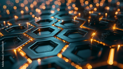 Abstract 3d rendering of chaotic hexagon shape with glowing lights. Futuristic background.