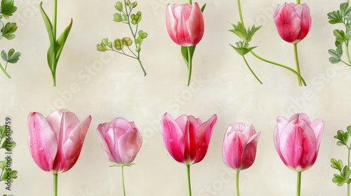   A cluster of pink tulips against a white backdrop; their green stems and leaves contrastingly framing each blossom, with a solitary green stem taking center stage