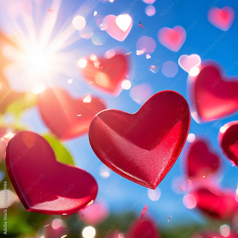 Heart-shaped confetti mid-fall against an azure sky Heart-shaped confetti mid-fall against an azure sky