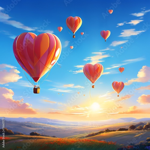 Heart-shaped gas balloons floating against a clear blue sky
