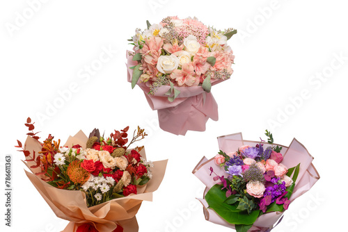 Autumn bouquet of red and white roses, hydrangeas, chrysanthemums.