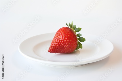 Single ripe strawberry centered on a plain white plate against a white background