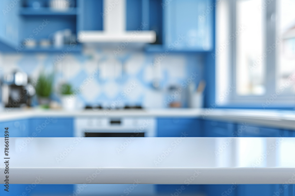 White wooden table close-up with blurred kitchen in the background, perfect for outdoor display Ready to place your product display mounting concept. White wooden table close-up with blurred kitchen in the background, perfect for outdoor display Ready to place your product display mounting concept.