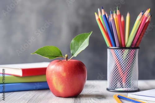 Red apple with green leaves beside a colorful stack of books and a pencil cup