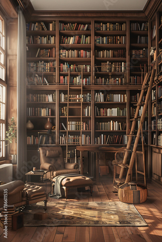 Stylish Home Library: Floor-to-Ceiling Bookshelves, Cozy Armchairs, Ladder Access