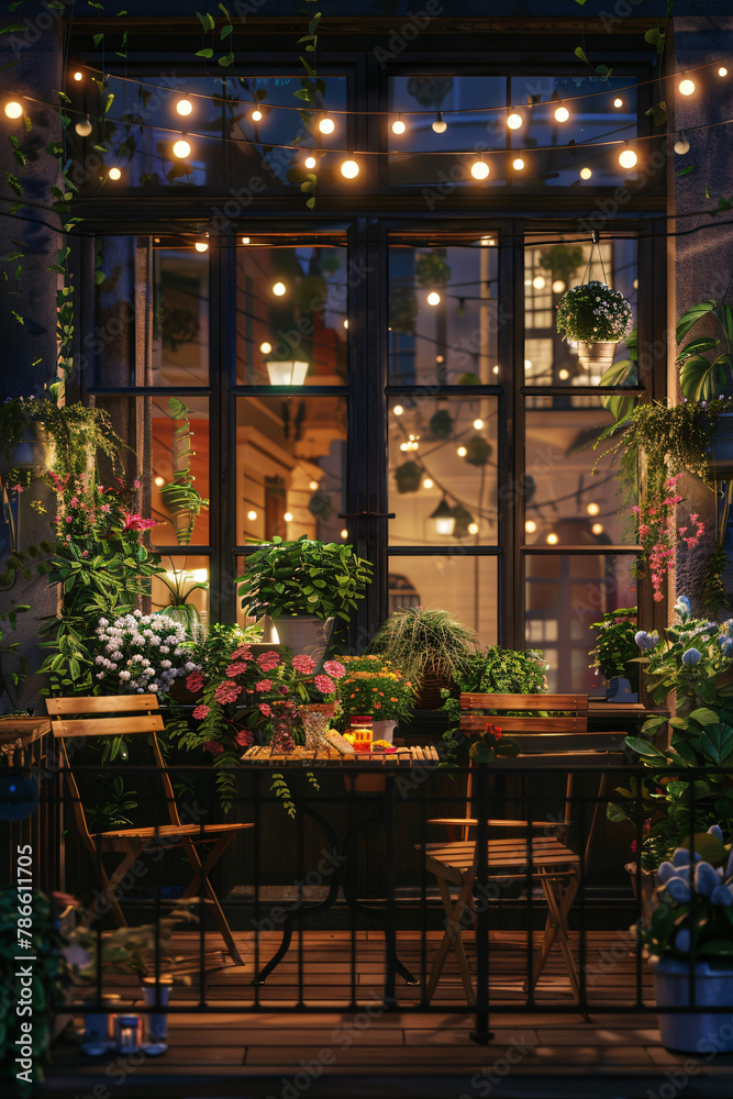 Stylish Urban Balcony: Potted Plants, String Lights, Bistro Set