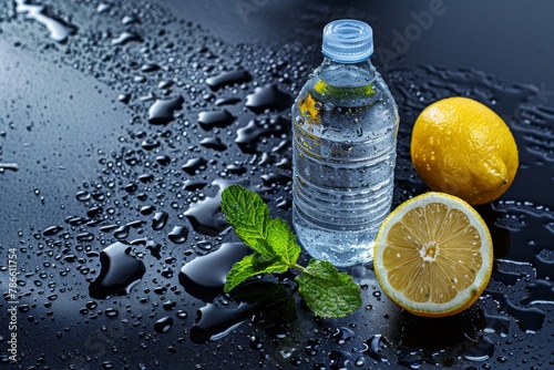 Bottle of water with lemon and mint on wet surface