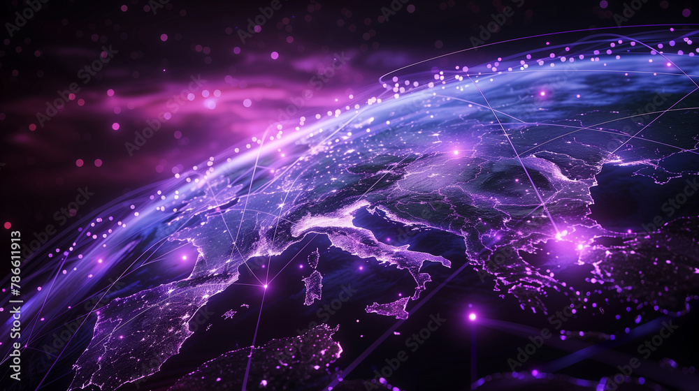 Laptop View of Planet Earth with Purple Lights and Network Connections