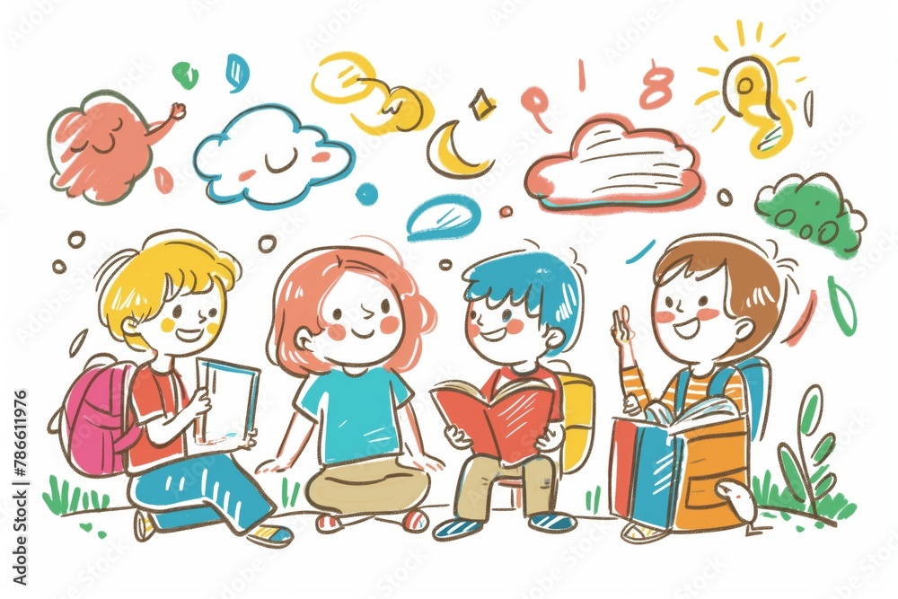 Colorful illustration of cheerful students sitting together and exchanging exciting summer stories Colorful illustration of cheerful students sitting together and exchanging exciting summer stories
