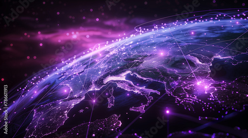 Laptop View of Planet Earth with Purple Lights and Network Connections