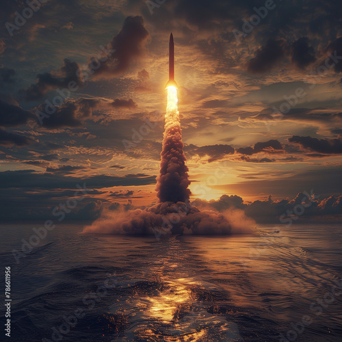 Launch of ICBM Trudent from Underwater with Sirene Ocean Sunset Background photo