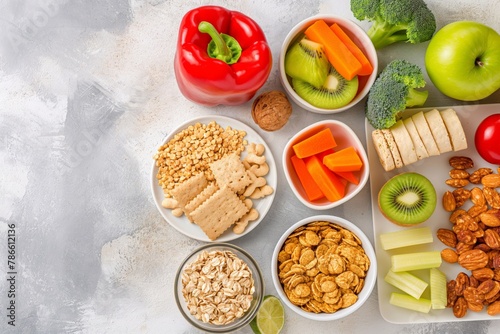 Top view of a variety of healthy snacks including fruits, vegetables, and nuts on a neutral background