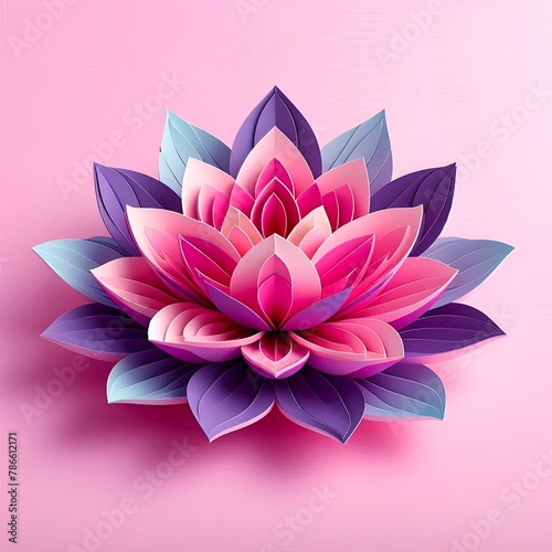 3D Illustration Of A Pink Lotus Flower Amidst Blue Lily Pads On A Calm Water Surface. Vesak Greeting Card and Buddhist Holidays. Spa And Wellness Themes