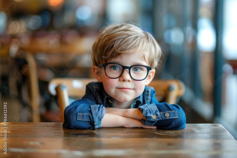 A young boy wearing glasses sitting at a table. Suitable for educational and lifestyle concepts - obrazy, fototapety, plakaty 