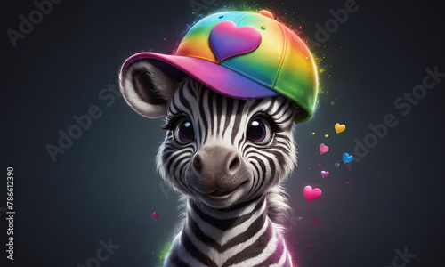 Zebra Wearing Rainbow Hat With Hearts