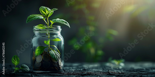 Savings Concept with Coin Plants Growing in a Jar and Black Background photo