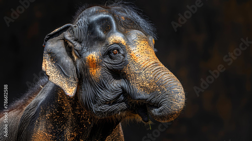   A tight shot of an elephant's grubby face against a black backdrop, its skin speckled with dirt photo