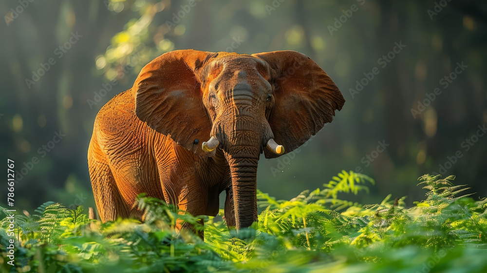 Fototapeta premium An elephant, sporting tusks, stands centrally in a lush forest of green plants and towering grass In the distance, trees form a backdrop