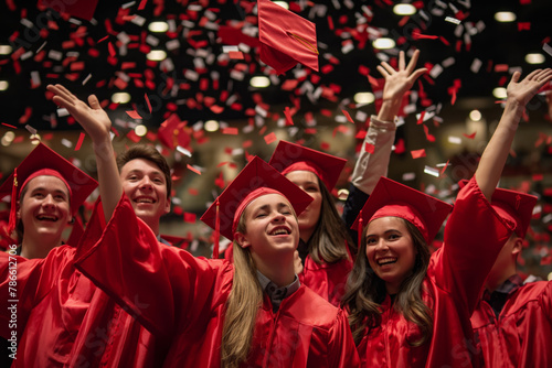 Excited young adults in red caps and gowns celebrating their academic achievements at the university graduation commencement ceremony with confetti and jubilation