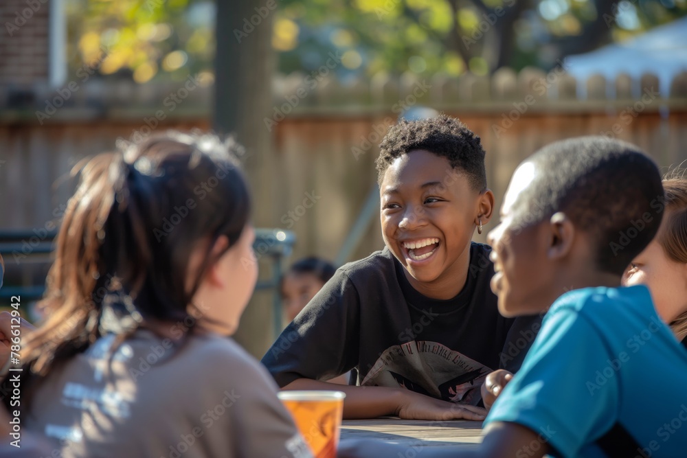 Group of diverse students sharing stories and laughter outside on a sunny day Group of diverse students sharing stories and laughter outside on a sunny day