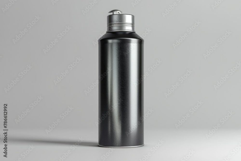 A sleek black and silver spray bottle on a clean white background. Ideal for product photography A sleek black and silver spray bottle on a clean white background. Ideal for product photography