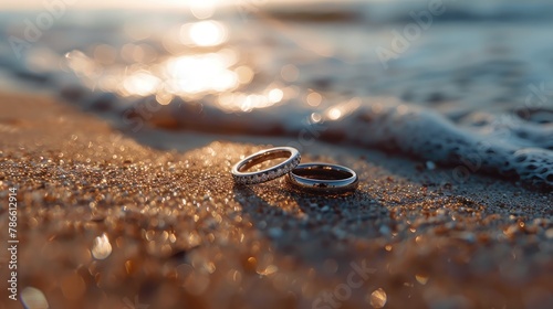wedding rings gleaming on a sandy beach under radiant backlight, evoking the eternal bond between partners.