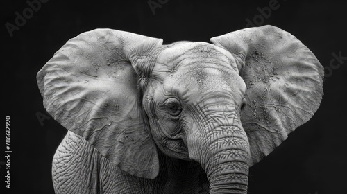   A black-and-white image of an elephant bearing tusks and sporting ear tusks