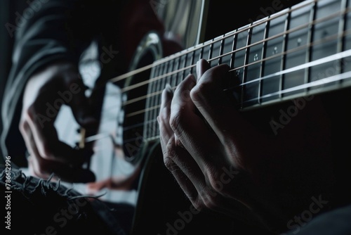 Close up of a person playing a guitar. Great for music related designs