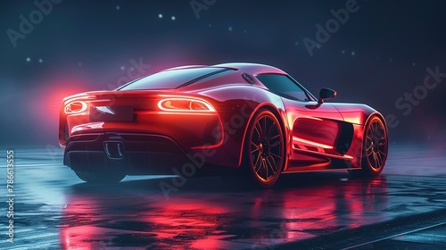 Rear view of the shiny red sports racing car on dark room.