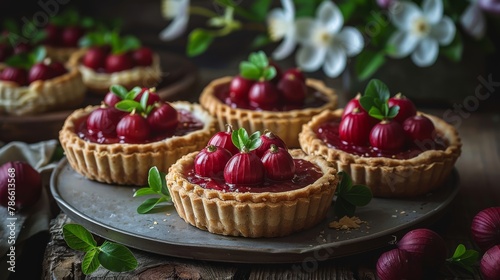   A tight shot of a plate, adorned with cherries atop and flowers alongside © Anna