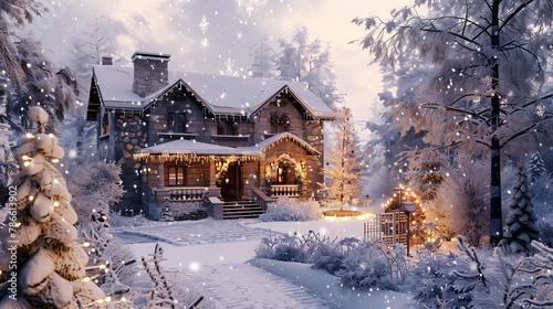 Winter exterior of a country house with christmas decorations snow covered courtyard with a porch tree