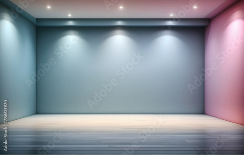 Empty room with wall and spotlights features a captivating abstract technology backdrop, creating a gradient effect in a studio setting ideal for product presentations © Design_Stock