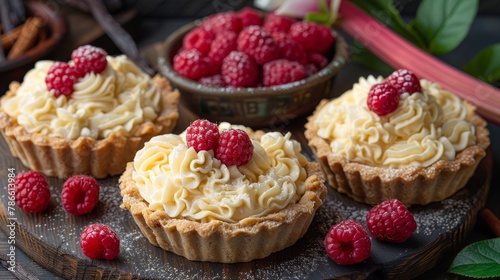  Three cupcakes, each topped with white frosting and a raspberry, sit on a platter Nearby, a bowl holds additional raspberries
