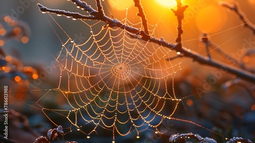 Lose yourself in the delicate intricacies of a spider's web, where silken strands catch the morning light in a shimmering embrace.