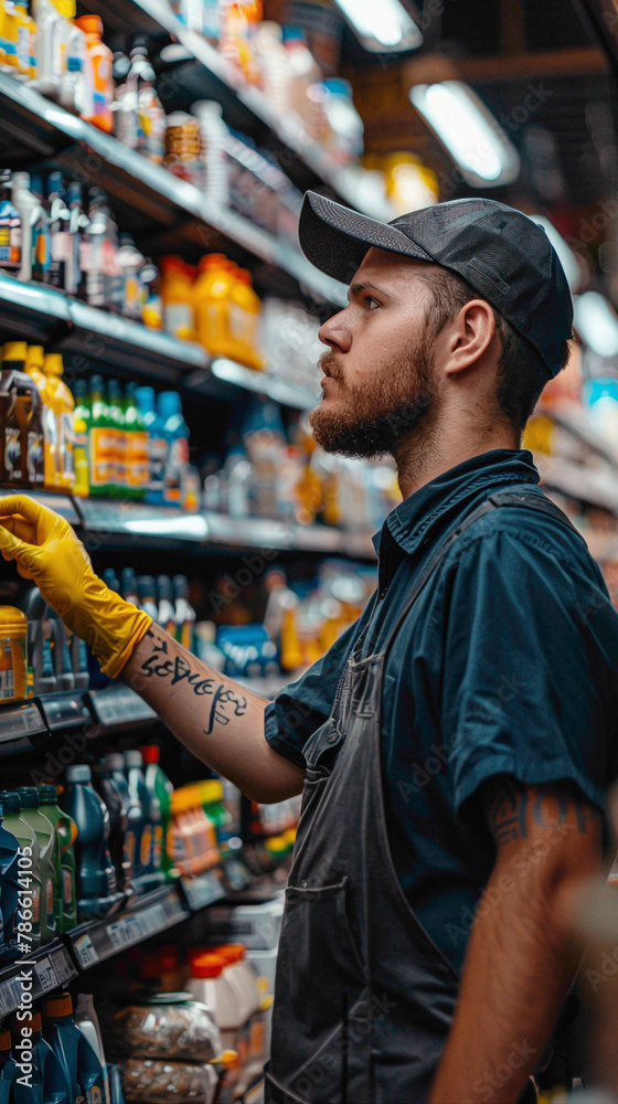 A Shopkeeper Ensuring store cleanliness, organization, and adherence to safety standards, realistic people photography