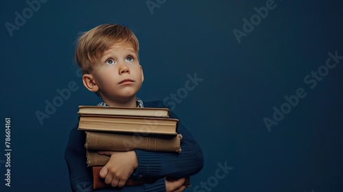 a 4-year-old boy proudly holds a stack of heavy books in his hands against a navy blue background, creating a heartwarming and inspiring image with space for text to convey messages of education.