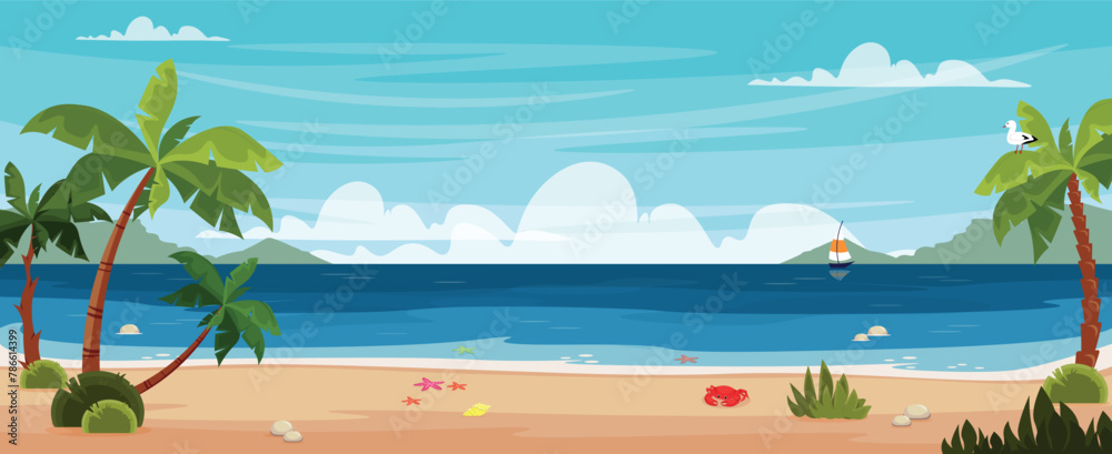 Vector illustration of an incredible seascape with a sailboat. Cartoon scene of blue sea with sailboat, sand with crab, starfish, shells, stones, palm trees, bushes,birds,islands on horizon,sky.