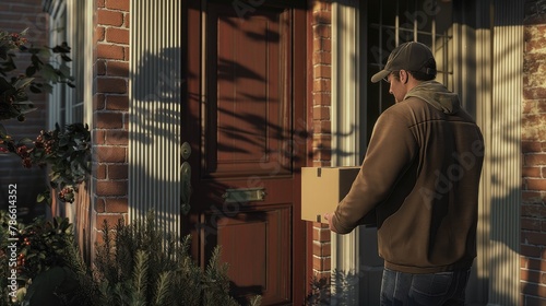 a cheerful courier delivering a package at the doorstep of a home, portrayed in stunning high definition and photorealistic detail, showcasing the genuine satisfaction of a successful delivery.