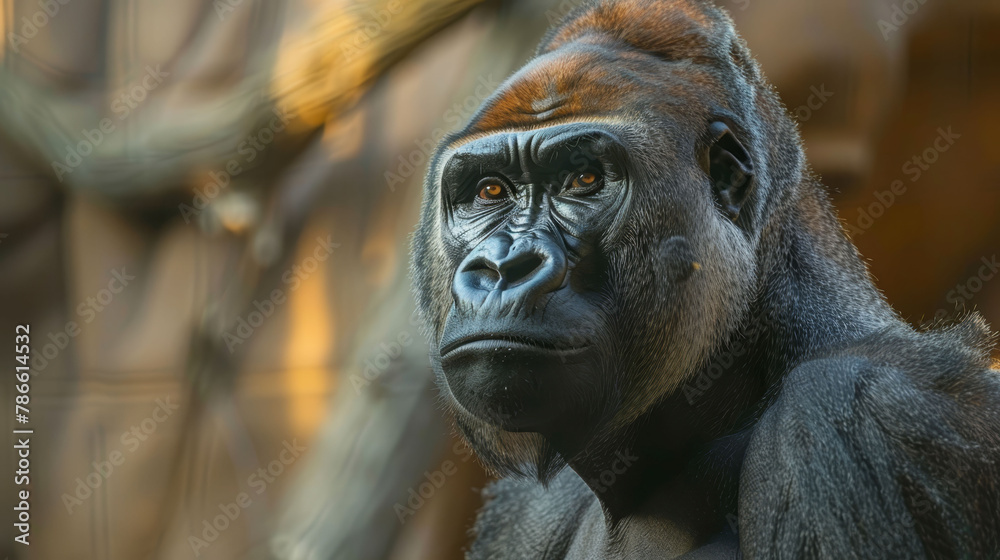   A gorilla's face, tightly framed, before tree branches in a blur