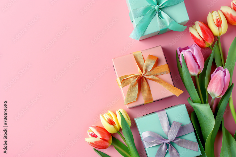 Three pastel wrapped gift boxes accompanied by a bouquet of colorful tulips on a pink background. Three pastel wrapped gift boxes accompanied by a bouquet of colorful tulips on a pink background.