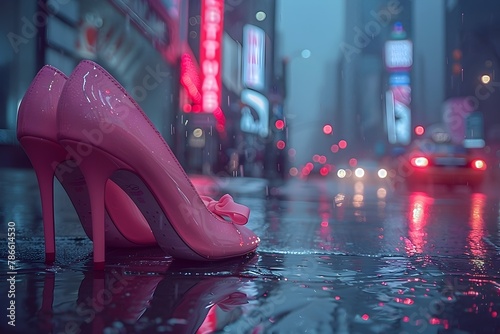 Unas zapatillas con tacones altos color rosa en la calle en la ciudad, en una tarde lluviosa. Moda, concepto la mujer en la vida moderna. Imagen con espacio para copiar photo