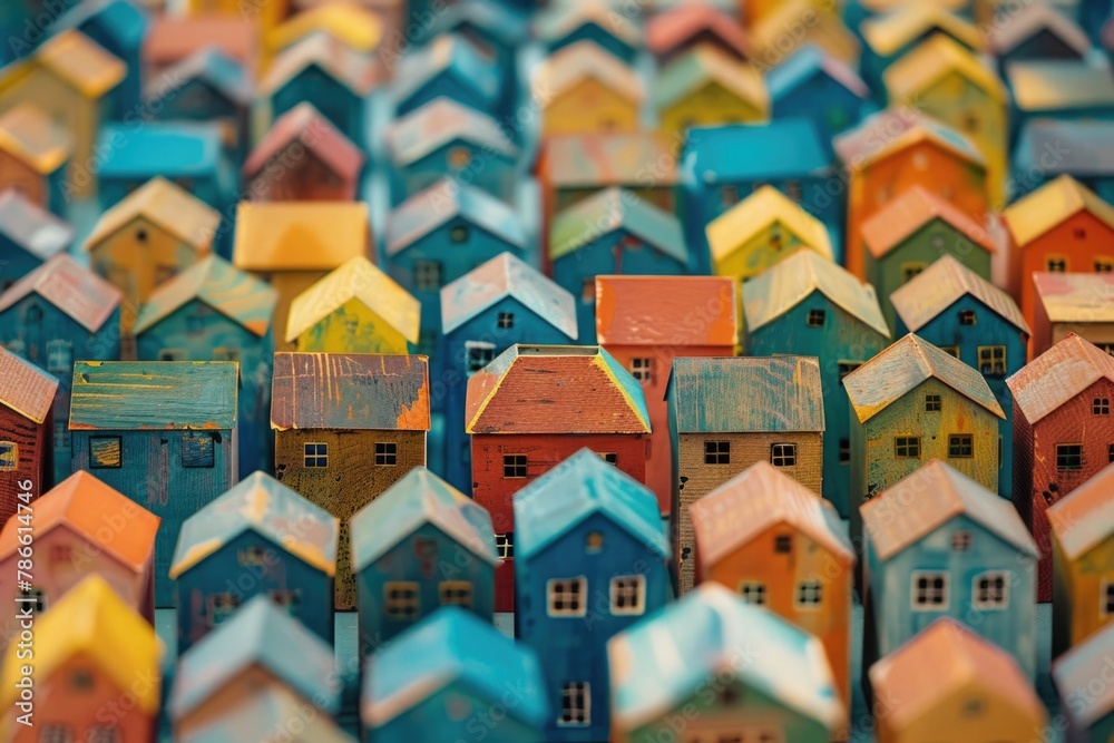 A vibrant collection of small houses painted in various colors. Perfect for real estate or neighborhood concepts