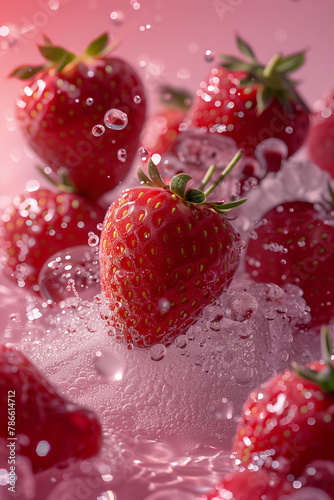 Floating Strawberries in Pink Gradient Background, Artistic Ice Splash