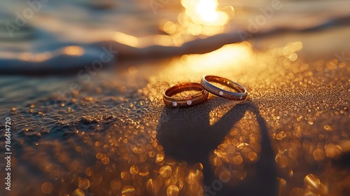 wedding rings gleaming on a sandy beach under radiant backlight, evoking the eternal bond between partners. photo