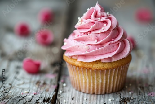 Tasty cupcake with butter cream and sprinkles on wooden background