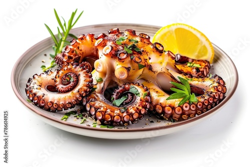 Grilled octopus leg in plate isolated on white background