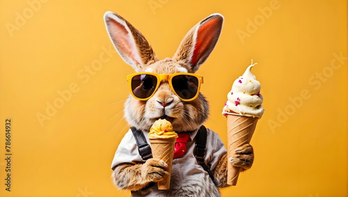  funny rabbit ice cream with sunglasses with yellow background generative AI
