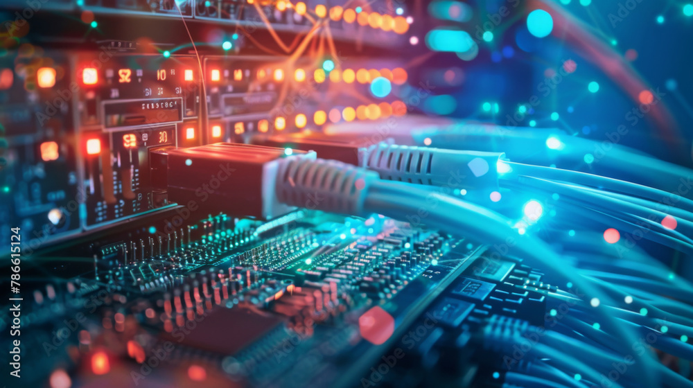 Fototapeta premium Fiber optic technology enables seamless data transmission between computers through a high-speed connection