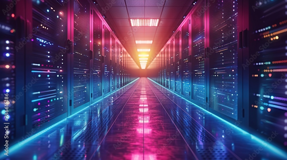 Server data center room with bright vibrant neon light passing through the corridor. 3D rendering of the background.